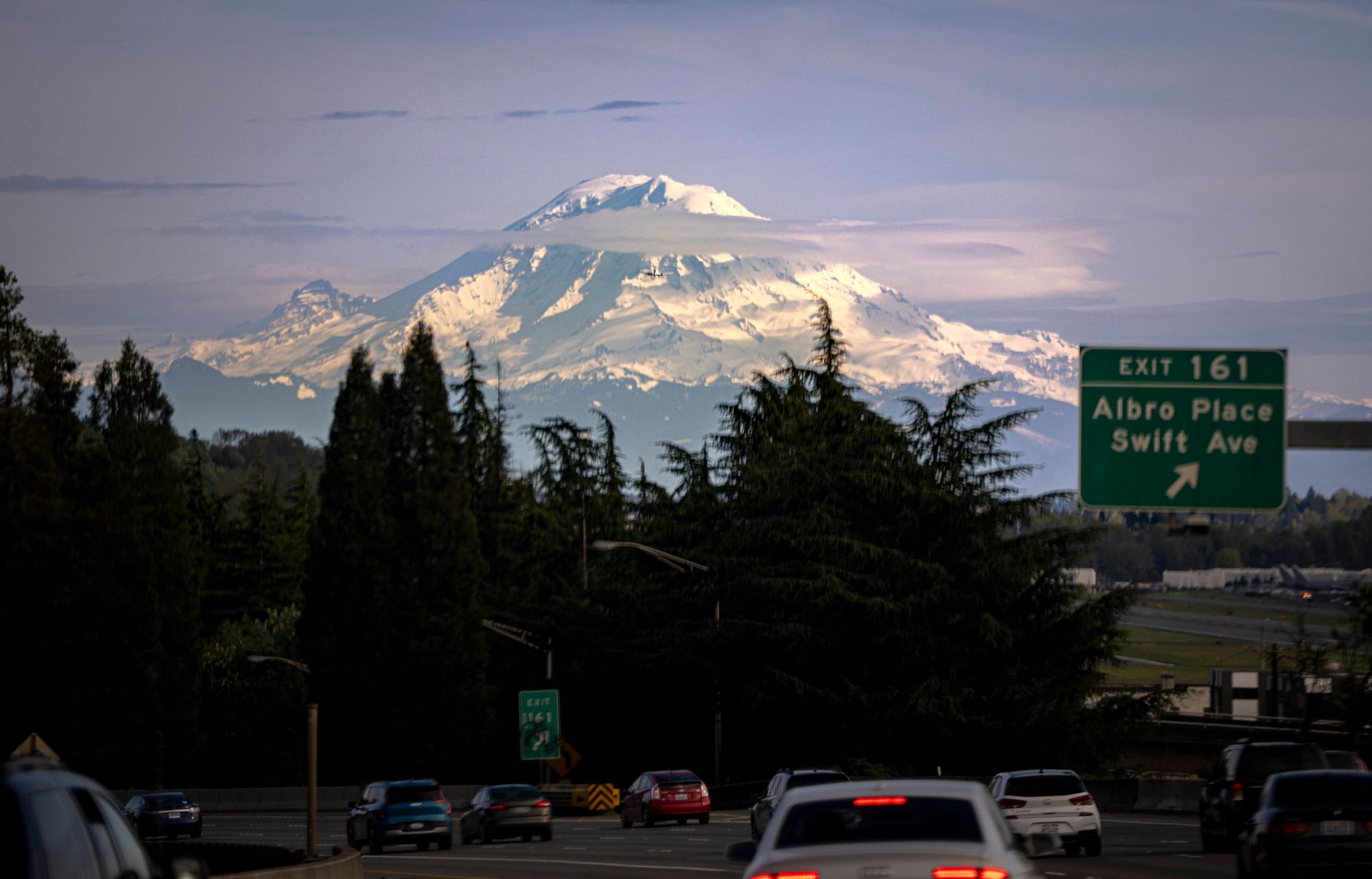 Mount Rainier above the highway near Seattle