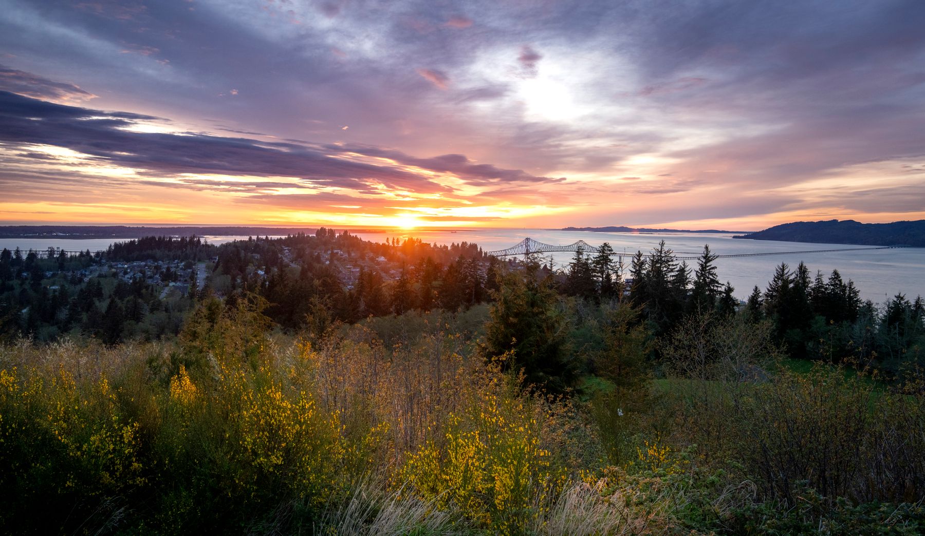 Sunset over a forested shoreline and a long bridge on the water